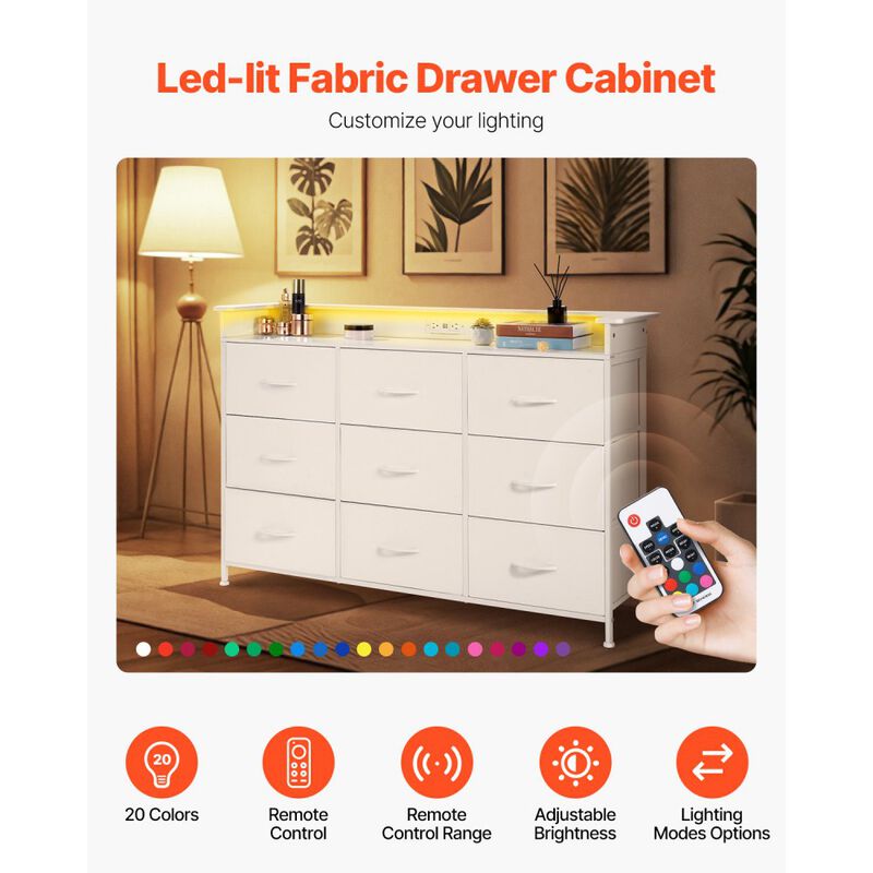 9 Drawer Dresser Tall Fabric Drawer Dresser with Bin LED & Outlet