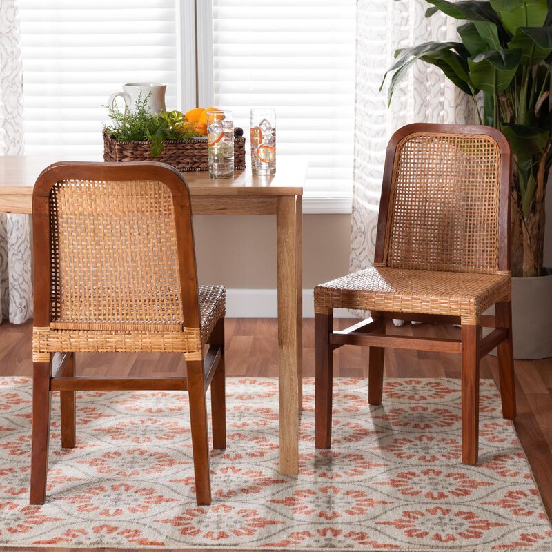 Baxton Studio Caspia Mid-Century Modern Walnut Brown Mahogany Wood and Natural Rattan 2-Piece Dining Chair Set