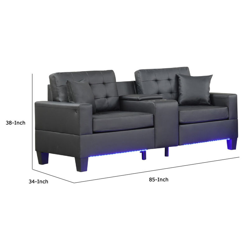 Iris Loveseat w 2 Pillows, LED, USB Ports, Black Faux Leather, 56 Inch