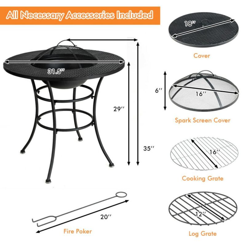 Hivvago 31.5 Inch Patio Fire Pit Dining Table With Cooking BBQ Grate