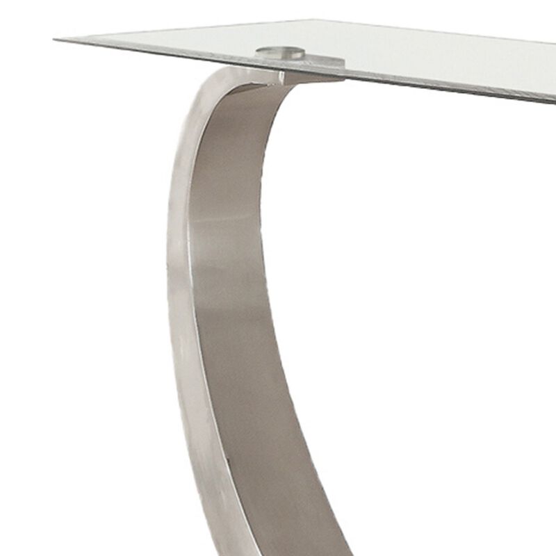 Floating Tempered Glass Top Sofa Table with Metal Support, Clear and Silver-Benzara