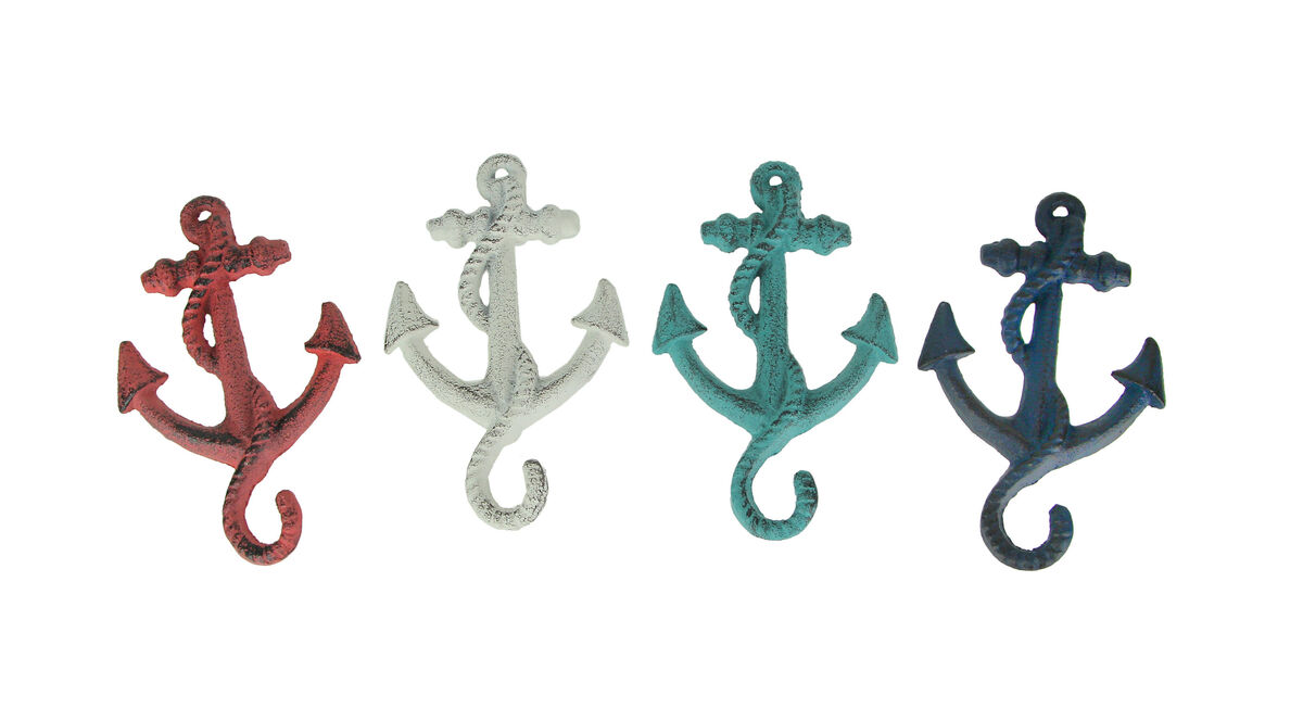 Set of 4 Cast Iron Ship Anchor Coat Hooks Decorative Hanger Coastal Wall Decor
