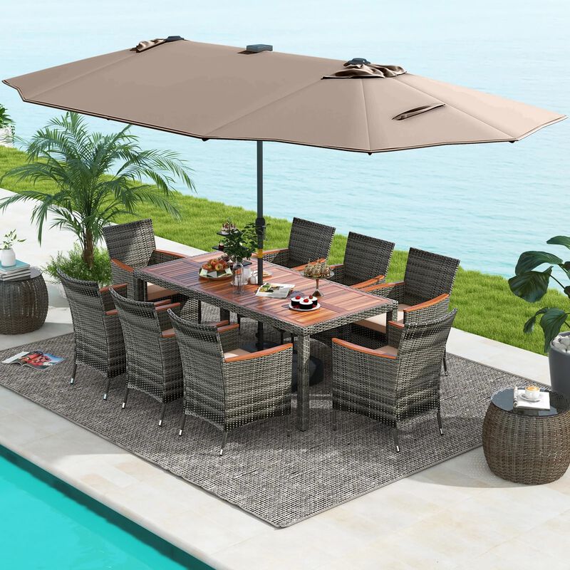 Mondawe 9-Piece Patio Dining Set,71" Acacia Table With 15ft Solar LED Umbrella & PE Rattan Chairs