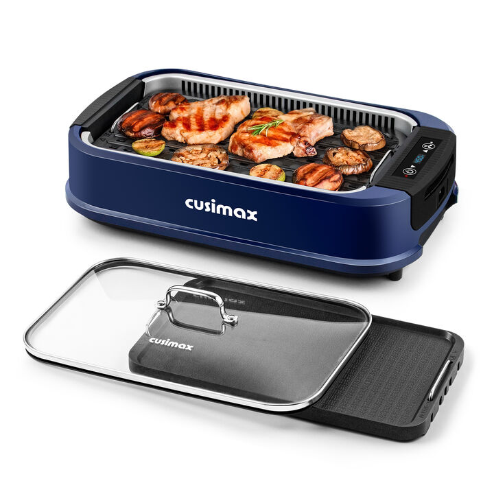 Cusimax Smokeless Electric Grill with Turbo Smoke Extractor, Portable Grill with 2 Non-Stick Grill Plates, Stainless Steel Indoor Grill