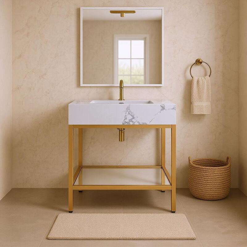 Meridian Furniture Marmo White Engineered Marble Bathroom Vanity image number 1