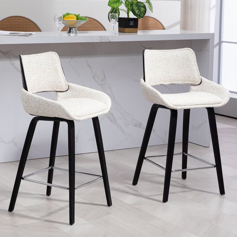 Glamour Home Bea White Two-Toned Linen Fabric Counter Stool with Black Wood Legs