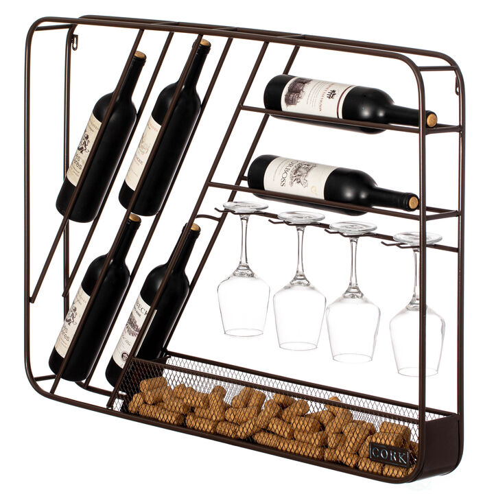 Vintiquewise Vintage-Inspired Decorative Metal Wall-Mounted Wine Rack with Cork and Wine Glass Holder, Featuring a Floorstanding Display Option for Versatile and Stylish Wine Storage, Brown