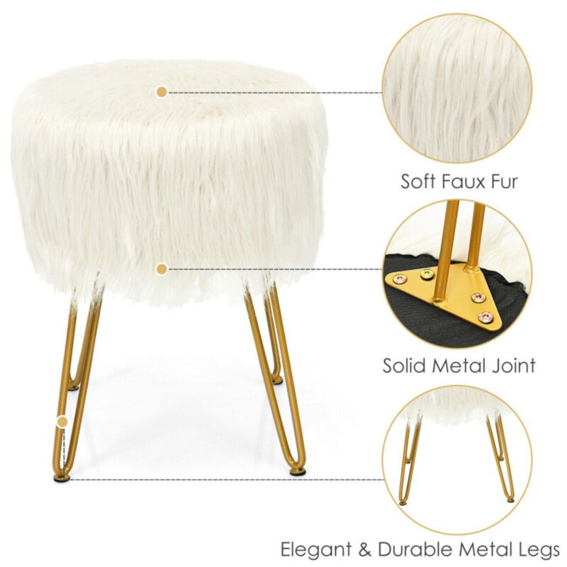 Faux Fur Vanity Stool Chair with Metal Legs for Bedroom and Living Room