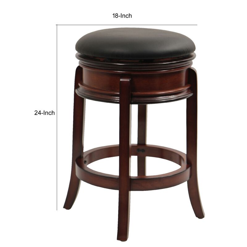 Sabi 24 inch Swivel Counter Stool, Solid Wood, Faux Leather, Brown, Black-Benzara image number 4