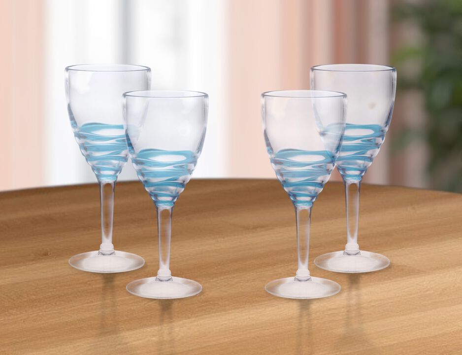 HomeRoots Set of Four Clear and Blue Swirl Acrylic Stemmed All Purpose Wine Glass