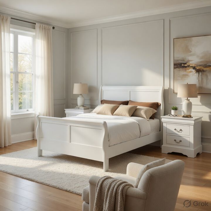 Queen Size Bedroom Set, White Finish, 2-Piece Set with Bed and Nightstand