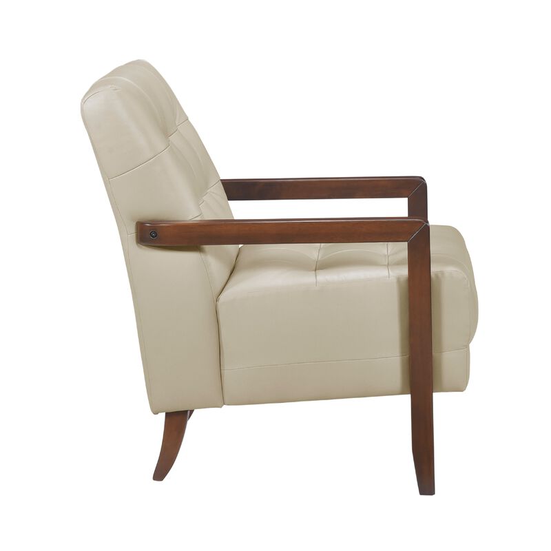 Lenie Accent Armchair, Button Tufted Beige Leather, Walnut Brown Wood