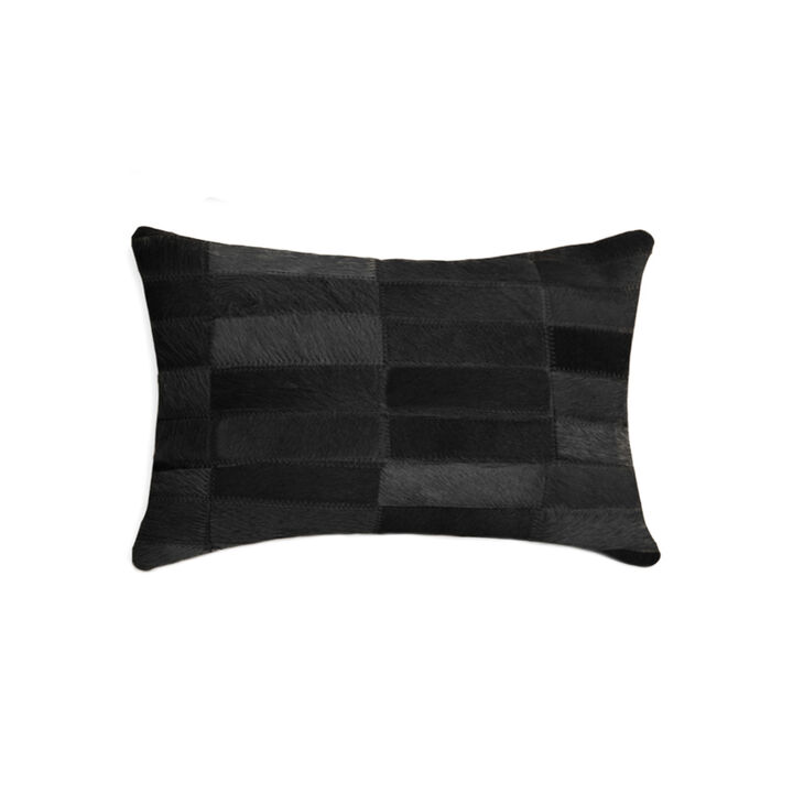 HomeRoots 12" X 20" Black Patchwork Cowhide Lumbar Throw Pillow
