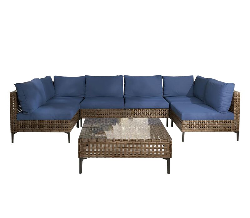 Mondawe Outdoor All Iron Detachable Rattan Corner Sofa Set,UV Resistant Waterproof Pad Sofa Set