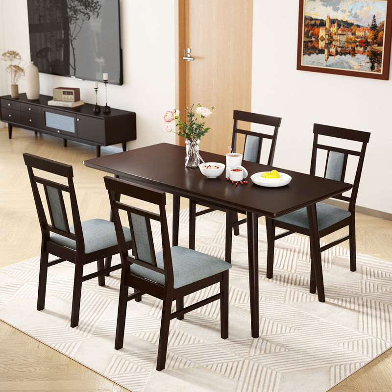 Set of 2 Wooden Dining Chairs with Linen Upholstered Seats and Rubber Wood Frame