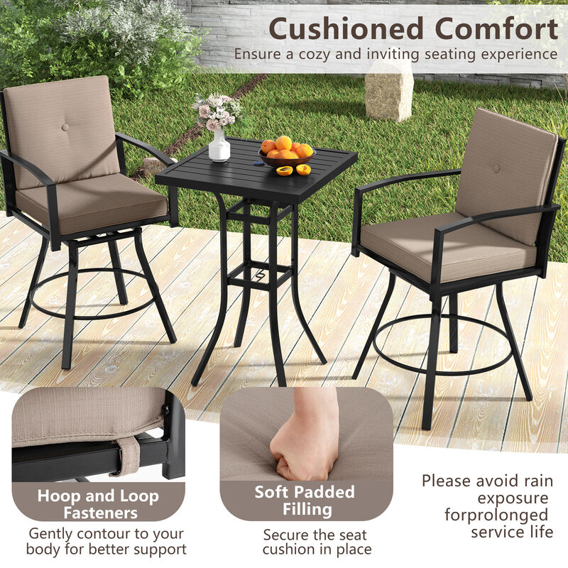 Comfortable 3-Piece Patio Swivel Bar Set with Soft Cushions and Umbrella Hole