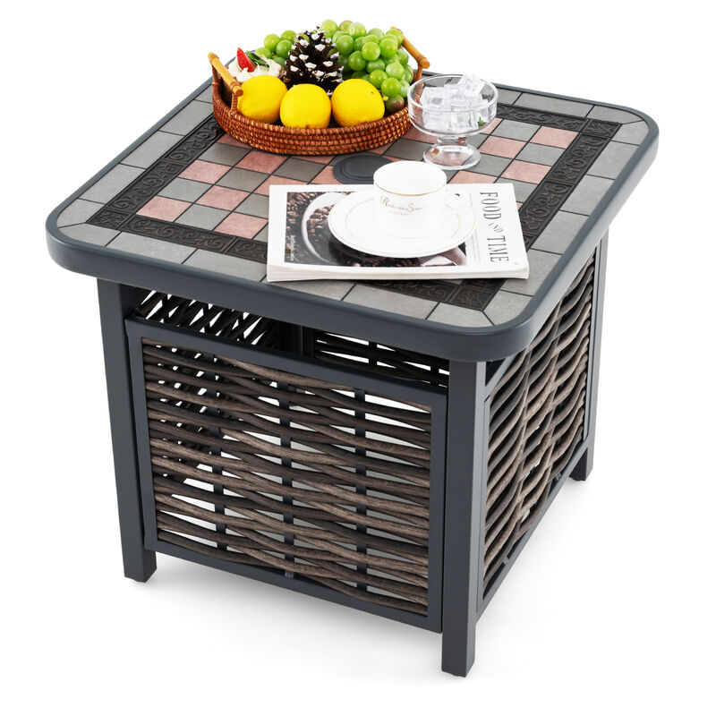 Outdoor PE Rattan Side Table Square End Table with Umbrella Hole