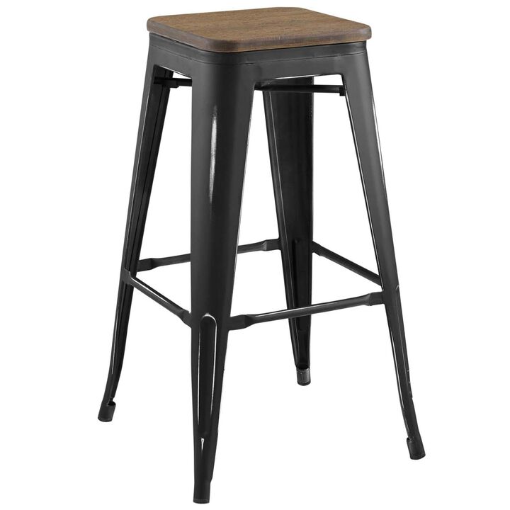 Modway Promenade Industrial Modern Steel Backless Bistro Bar Stool with Bamboo Seat in Black
