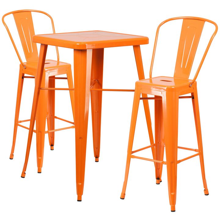 Flash Furniture Commercial Grade 23.75" Square Orange Metal Indoor-Outdoor Bar Table Set with 2 Stools with Backs