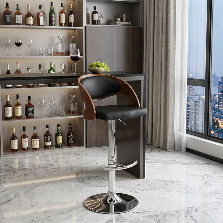 HomeRoots Black And Silver Faux Leather And Chrome Low Back Adjustable Height Swivel Bar Chair