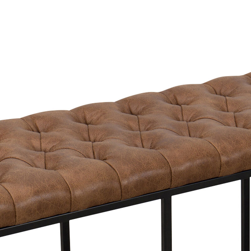 Leatherette Upholstered Bench with Button Tufted Cushioned Seat and Metal Base, Brown