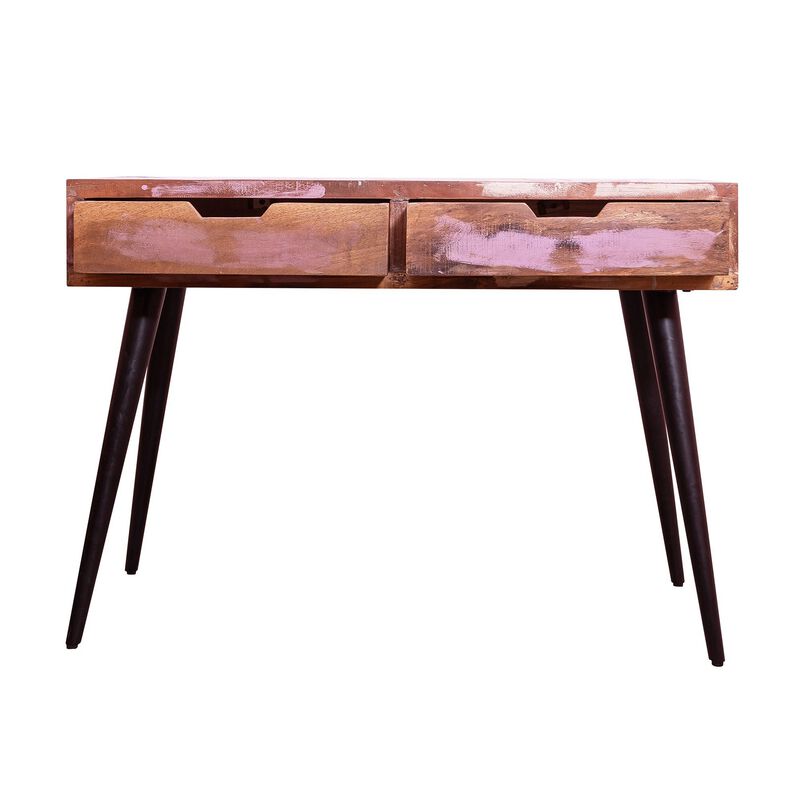 43 Inch 2 Drawer Reclaimed Wood Console Table, Angled Legs, Multi Tone Pastel Accent, Brown, Black-Benzara image number 4