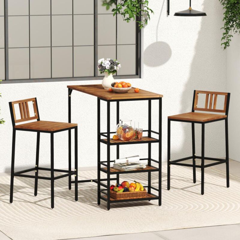 Hivvago 3 Pieces Outdoor Wood Bar Set with 3-Tier Storage Shelf and Metal Frame