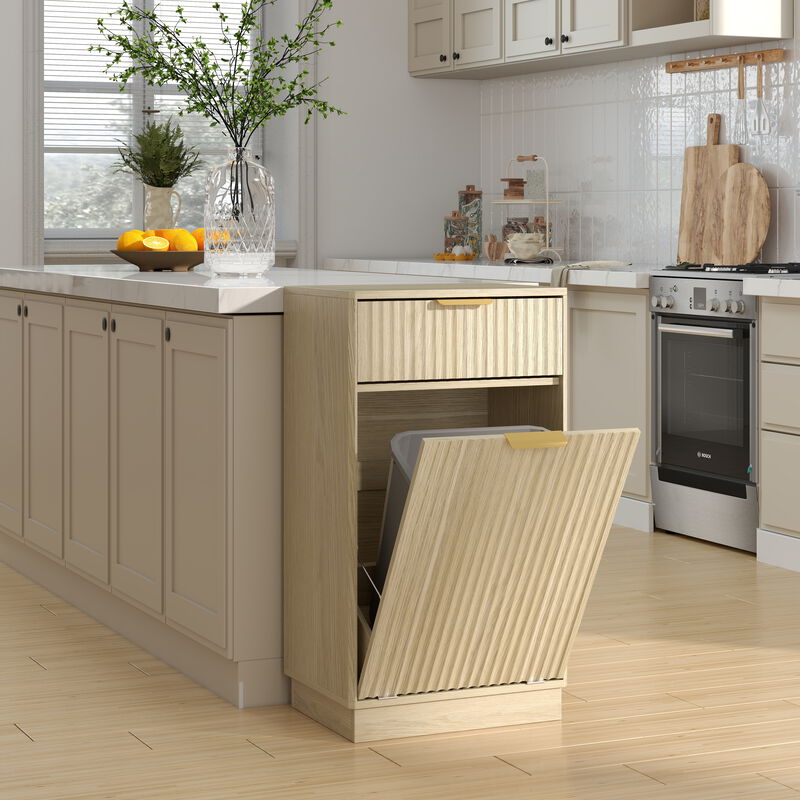 10 Gallon Tilt Out Trash Can Cabinet with Pull Out Bin Oak Finish image number 6