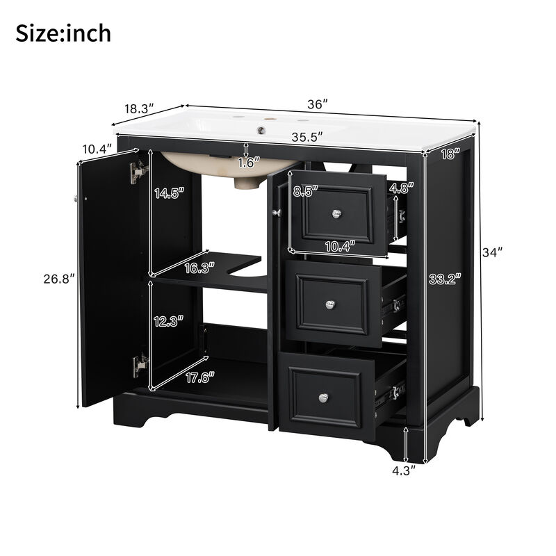 TATEUS 36-Inch Transitional Bathroom Vanity Ceramic Sink