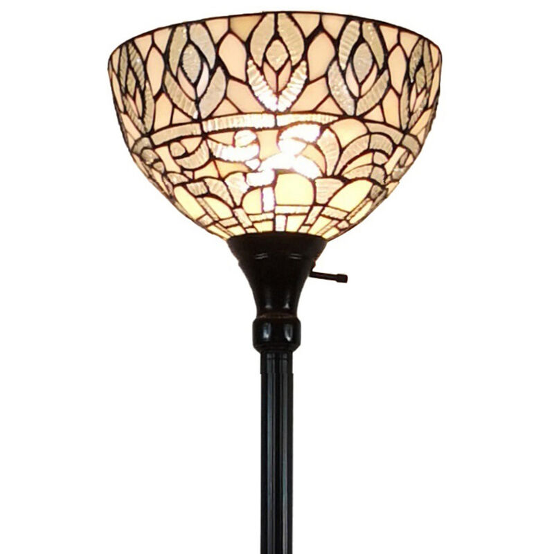 Hivvago 62" Brown And White Torchiere Floor Lamp With White Peacock Feather Glass Dome Shade