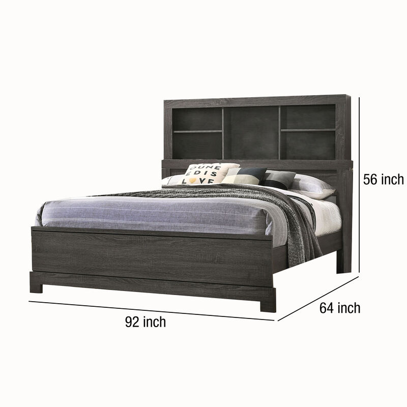 Wooden Queen Size Low Profile Size Bed with Bookcase Headboard