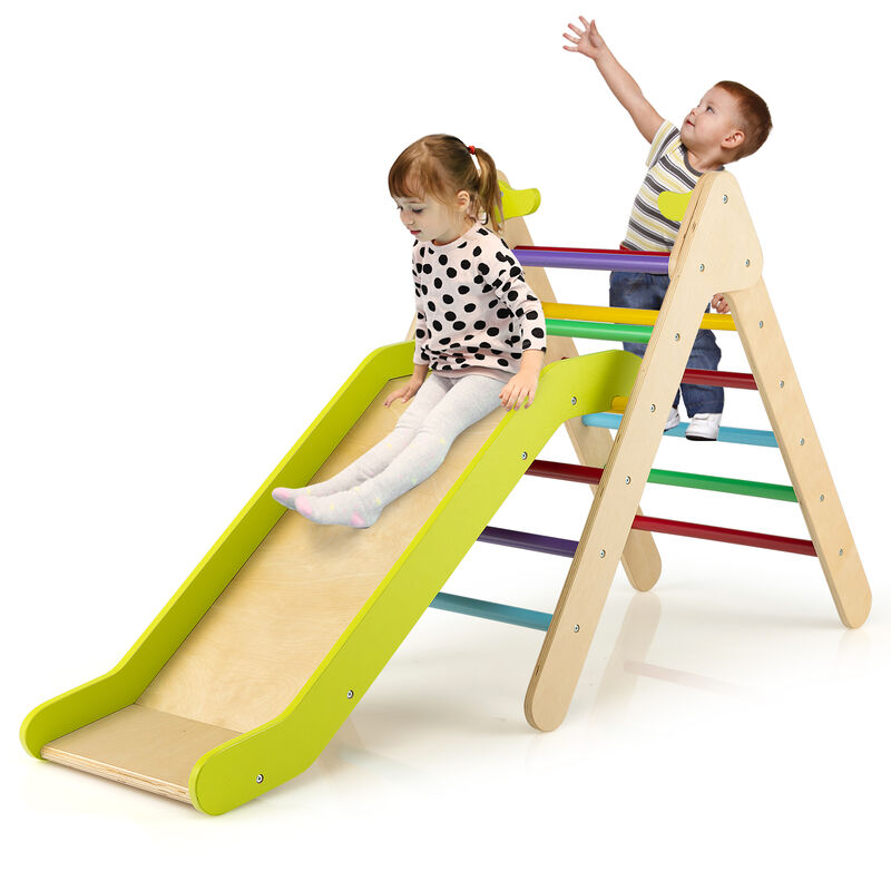 Wooden Triangle Climber Set 2-in-1 with Adjustable Gradient Slide for Kids&rsquo; Play