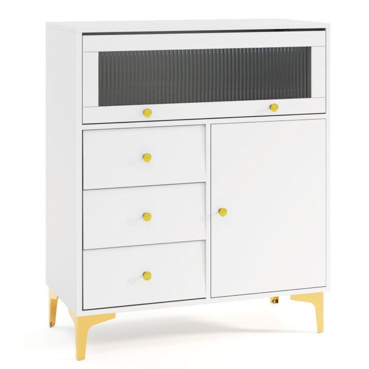 Hivvago Chest of Drawers with Flip Up Fluted Glass Door for Bedroom Kitchen