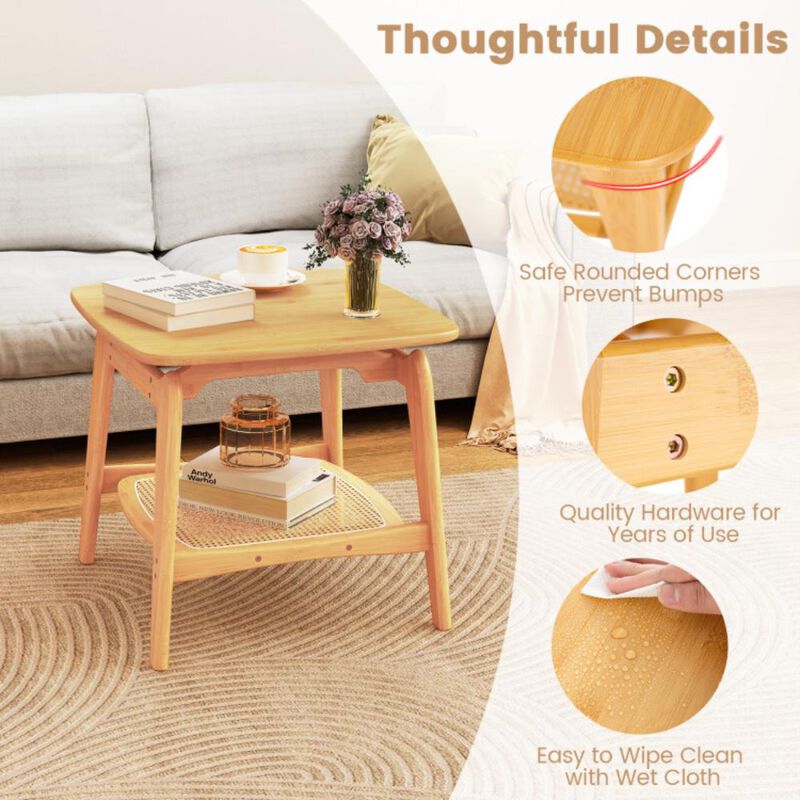 Hivvago Boho Bamboo Sofa Side Table with Faux Rattan Storage Shelf