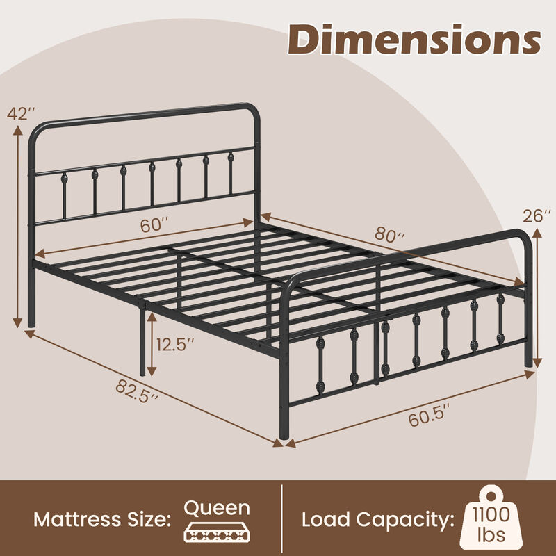 Metal Bed Frame with Storage Space Underneath and Attached Headboard