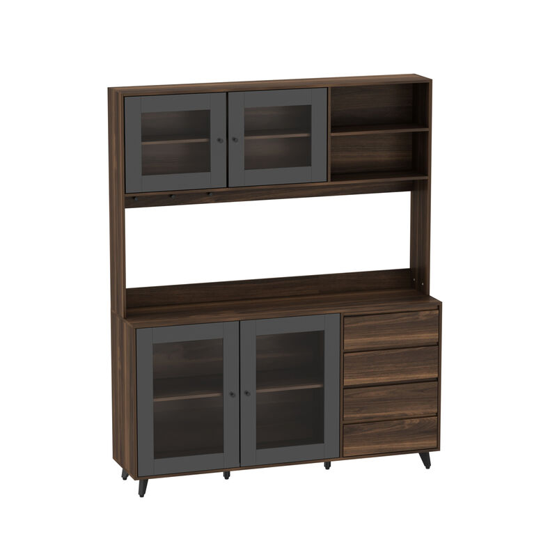 Brown Large Kitchen Pantry Cabinet Buffet with 4-Drawers Hooks Open Shelves and Glass Doors