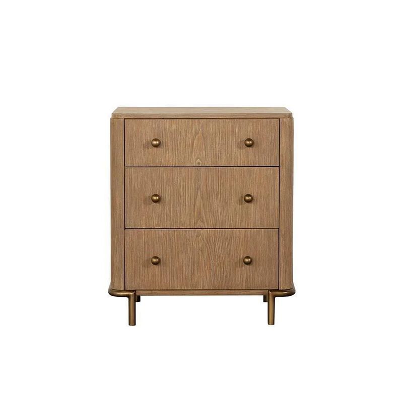 Hiz 29 Inch 3 Drawer Nightstand with Dual USB Ports, Brass Legs, Brown - Benzara