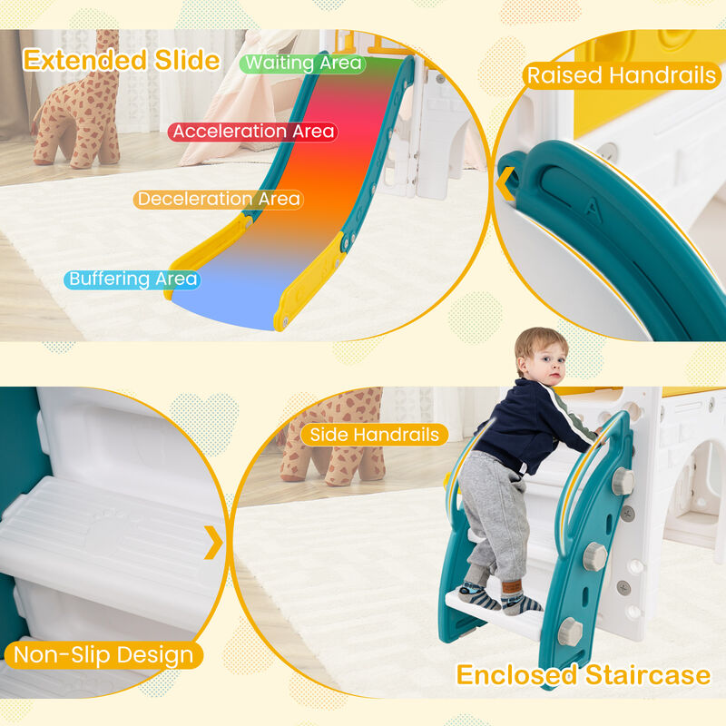 L-Shaped 9 in 1 Toddler Slide with Basketball Hoop and Steering Wheel for Kids image number 7