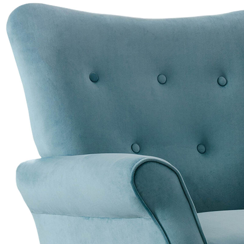 Cilic 32 Inch Accent Chair, Button Tufted Back, Rolled Arms, Blue Fabric-Benzara image number 2