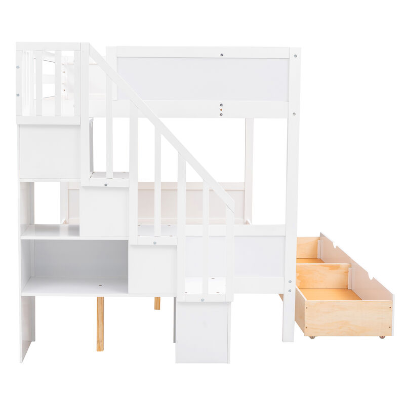 Whisen Twin over Full Bunk Bed with Shelfs, Storage Staircase and 2 Drawers- White