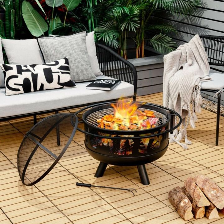 QuikFurn Portable Patio Screened Wood Burning Fire Pit Cooking Grill with Poker