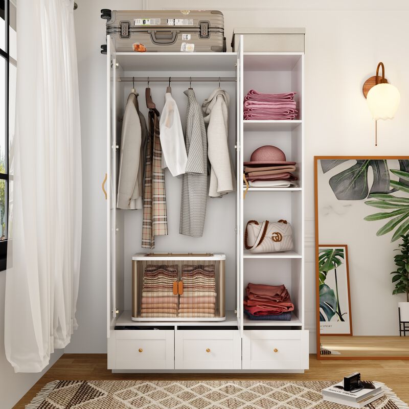 White Wood 47.2 in. W Tempered Glass Doors Armoires Wardrobe with Hanging Rods, 3-Drawers, Open Shelves 78.7 in. H