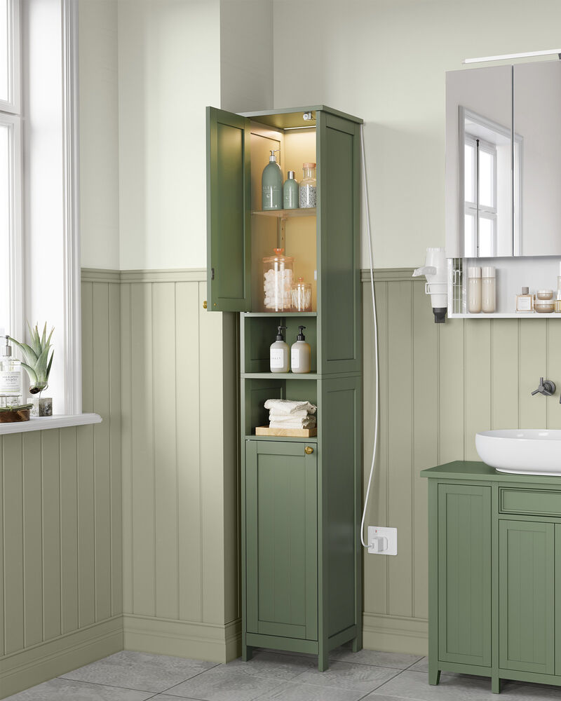 Tall Bathroom Storage Cabinet with Built-In LED Lights and Adjustable Shelves