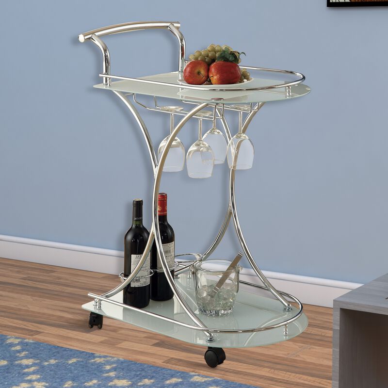 Captivating Serving Cart With 2 Frosted Glass Shelves, Silver-Benzara