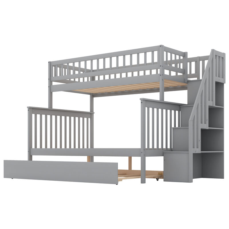 Whisen Twin over Full Bunk Bed with Trundle and Storage Staircase - Gray