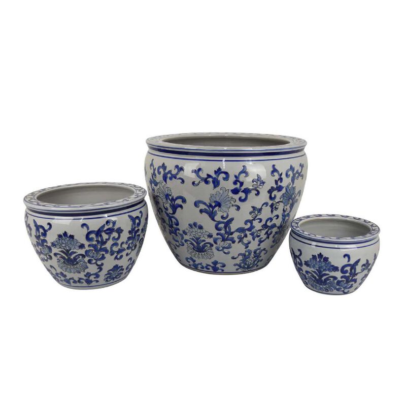 Hely 3 Planter Set, Blue Floral Vine Off White Ceramic 20, 14, 10 Inch