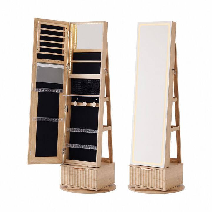 360&deg; Swivel Jewelry Cabinet with Full-Length Mirror, Lockable Storage, LED Lights and Rear Shelves