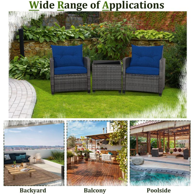 Hivvago 3 Pieces Outdoor Wicker Conversation Set with Tempered Glass Tabletop