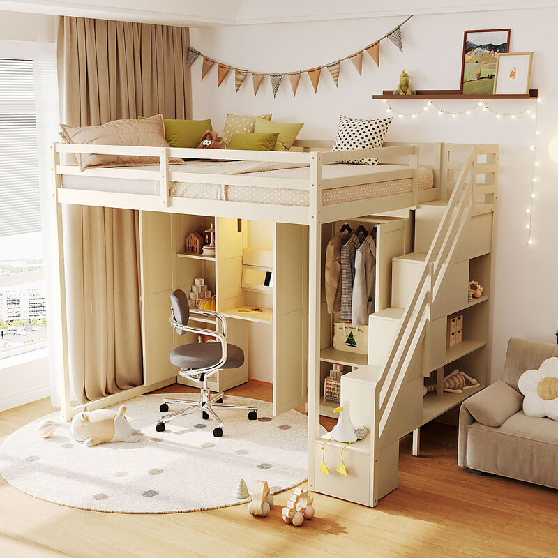 Merax Full Size Loft Bed with Staircase, Dressing Table, Wardrobe, 3-Tier Cabinet image number 3
