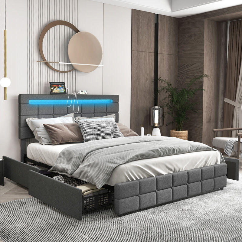 Upholstered LED Bed Frame with Headboard and 4 Drawers image number 2
